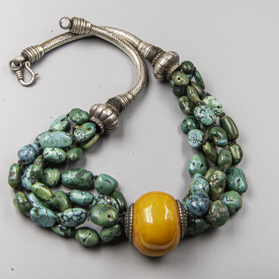 Vintage Turquoise & Amber Necklace – Rajasthan Silver – Himalayan Jewelry