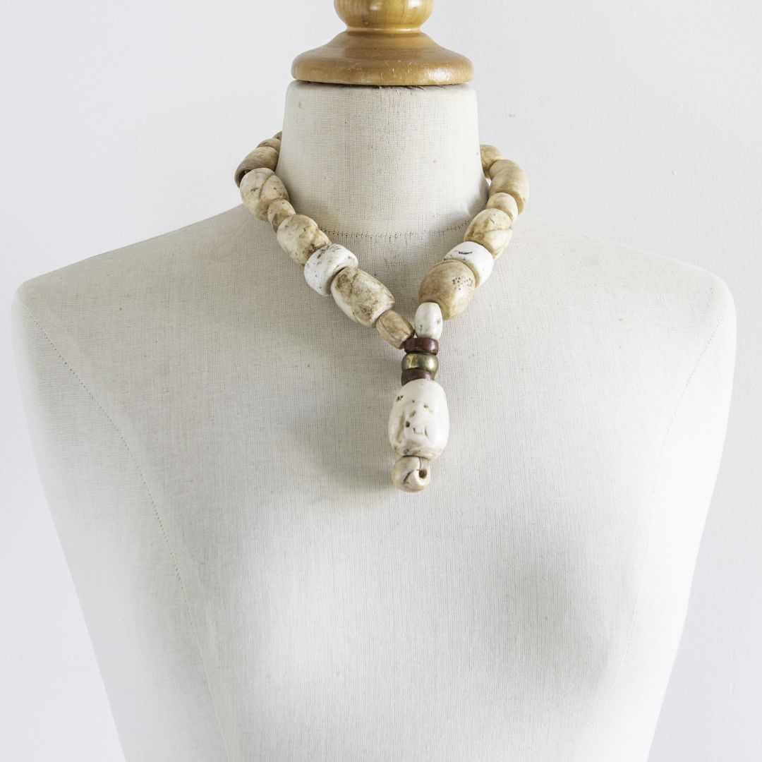 Heavy Designer Necklace with Ancient Fossil Shell & Ethnographic Beads