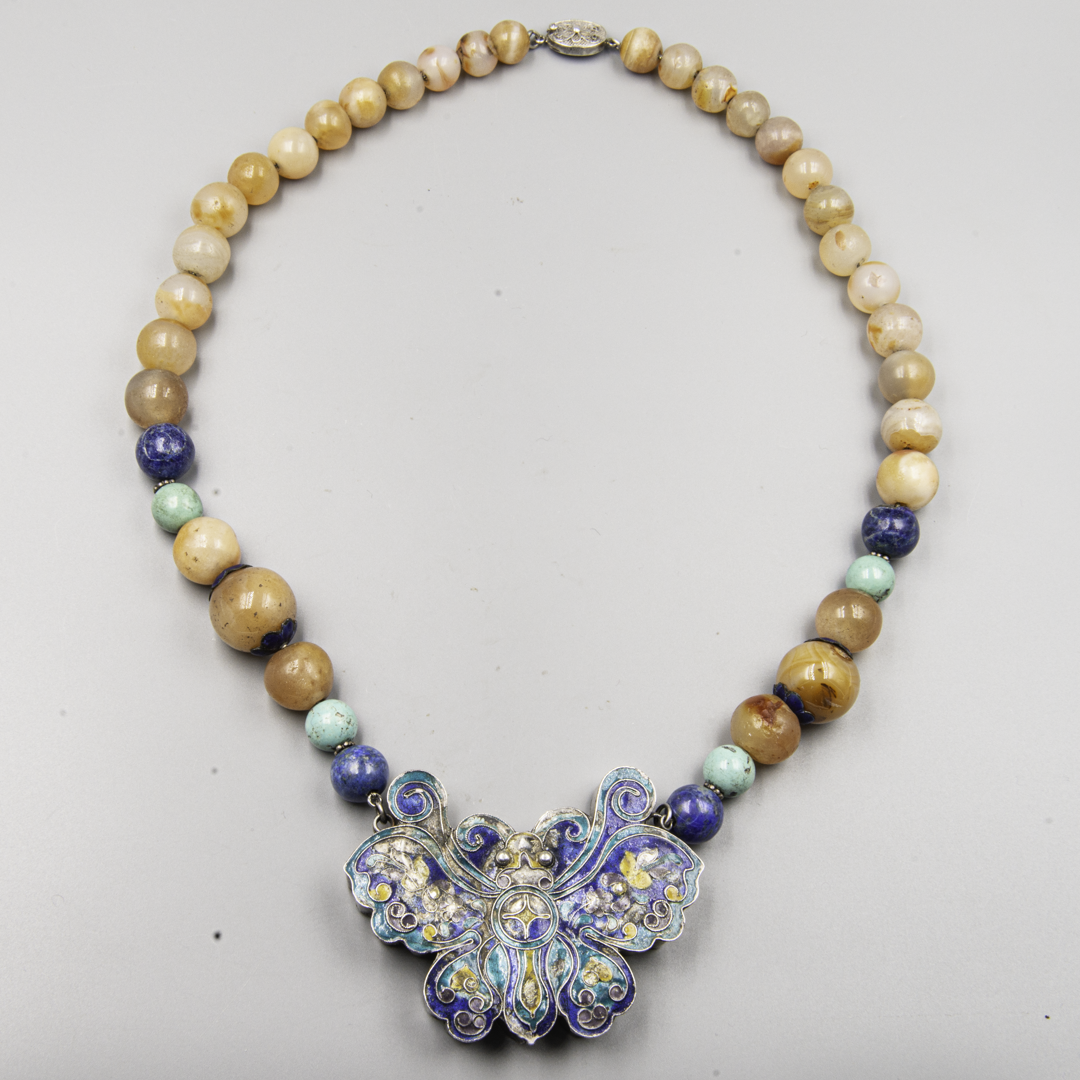Chinese Art Deco Butterfly Amulet Necklace – Silver, Enamel & Stone Beads