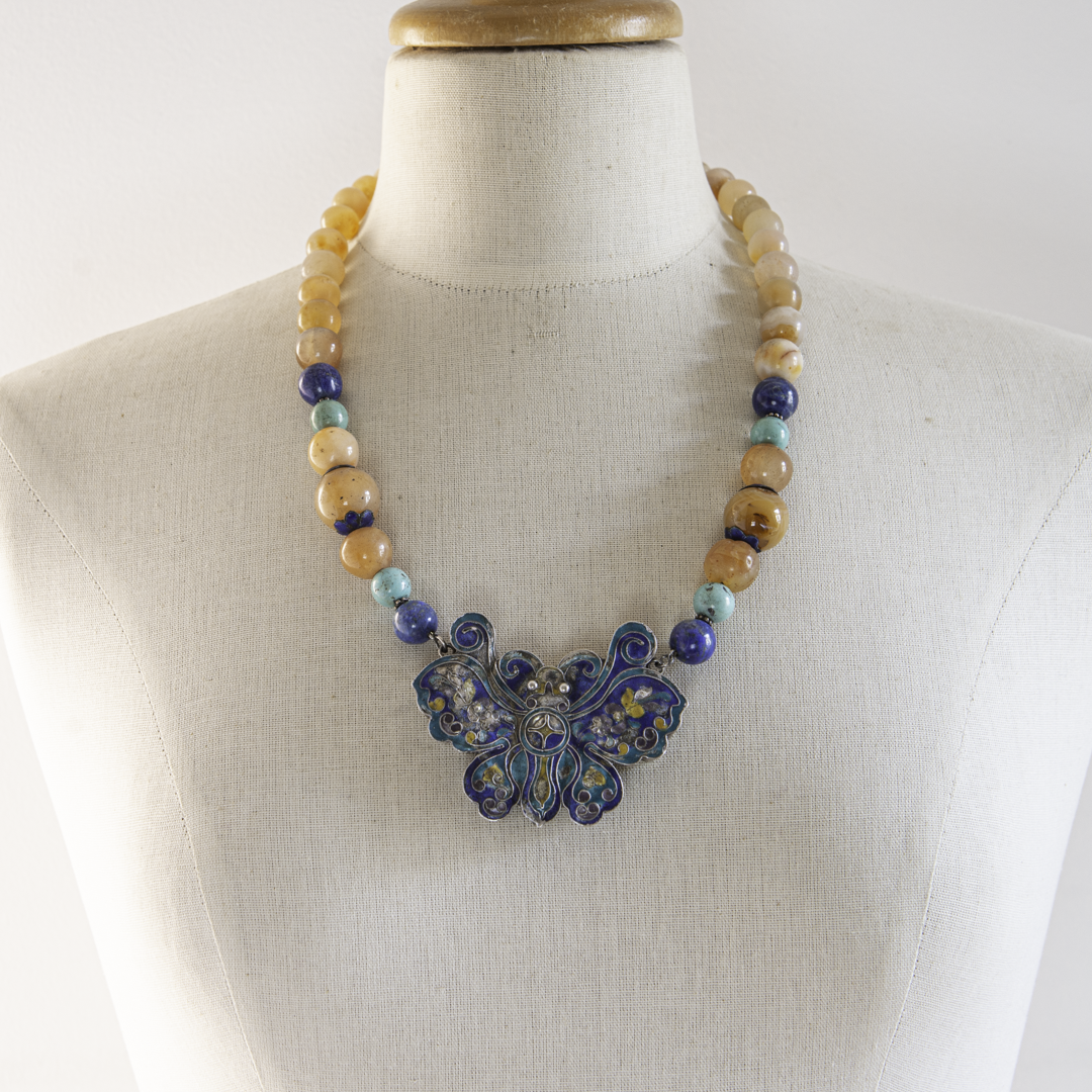 Chinese Art Deco Butterfly Amulet Necklace – Silver, Enamel & Stone Beads