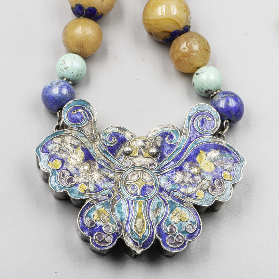Chinese Art Deco Butterfly Amulet Necklace – Silver, Enamel & Stone Beads