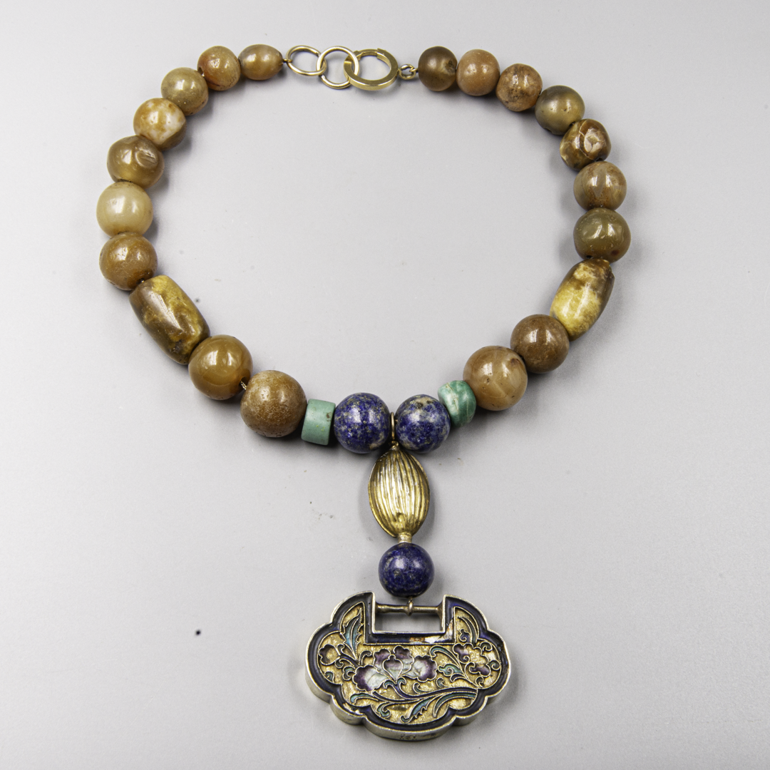 Chinese Longevity Lock Necklace – Silver, Enamel, Agate & Lapis Lazuli