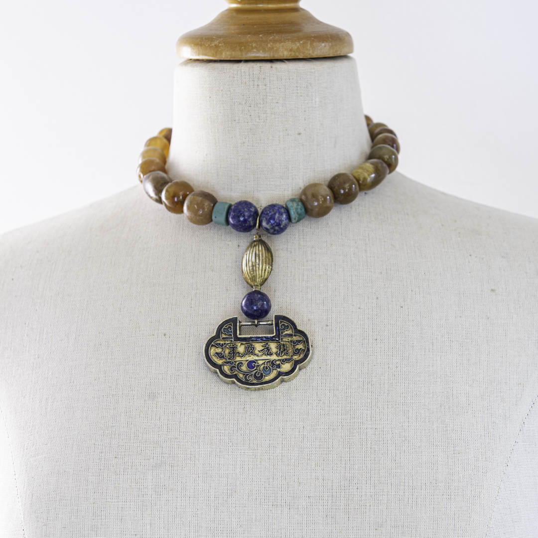 Chinese Longevity Lock Necklace – Silver, Enamel, Agate & Lapis Lazuli