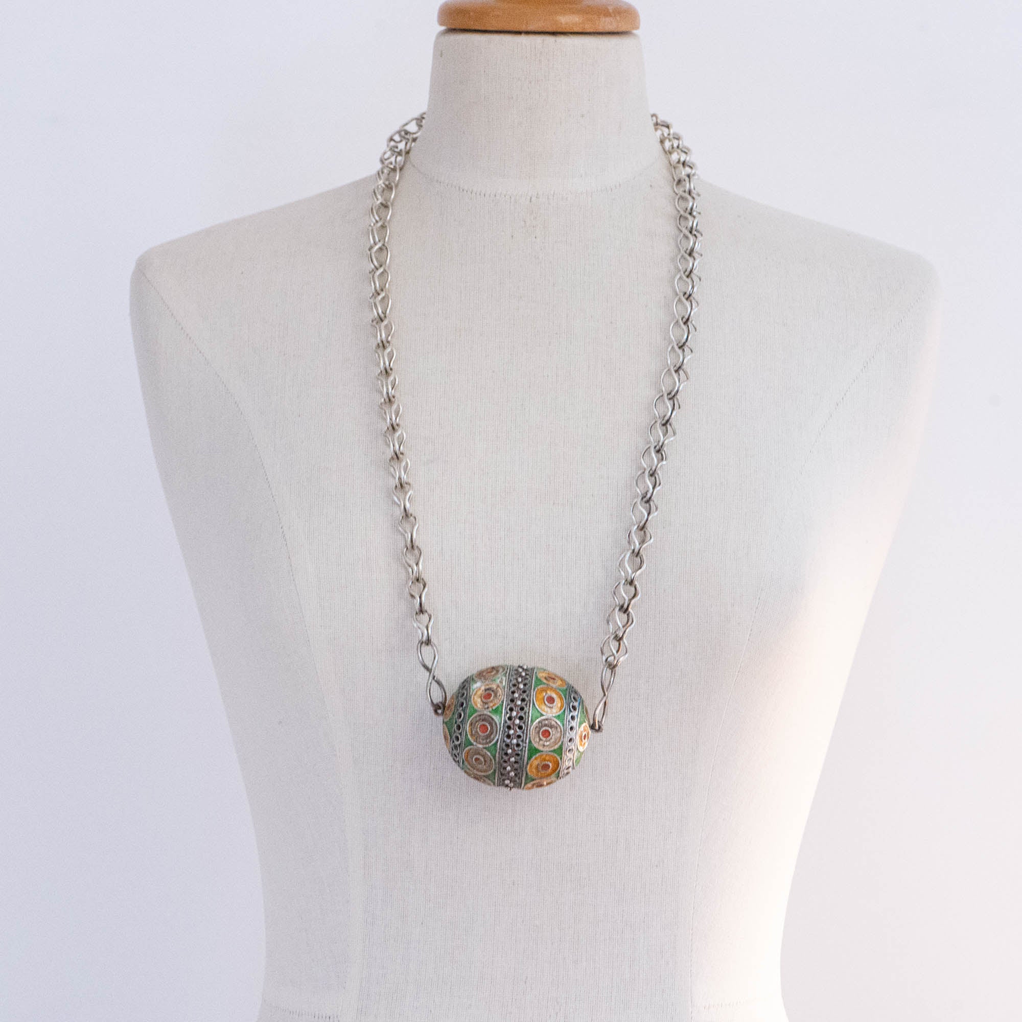 Exceptional antique Berber silver necklace with a large Tagmout enameled bead from Tiznit Region South Morocco