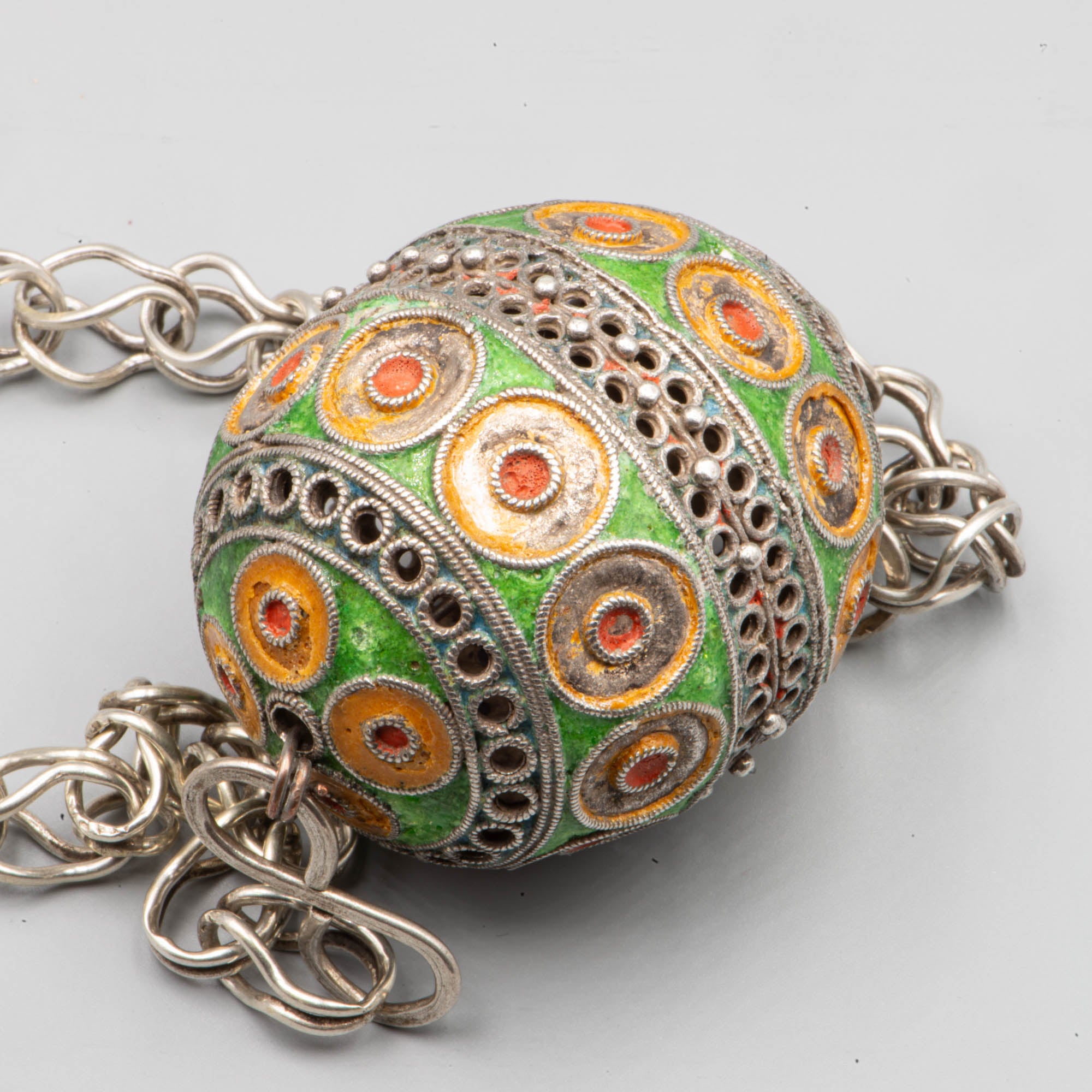 Exceptional antique Berber silver necklace with a large Tagmout enameled bead from Tiznit Region South Morocco