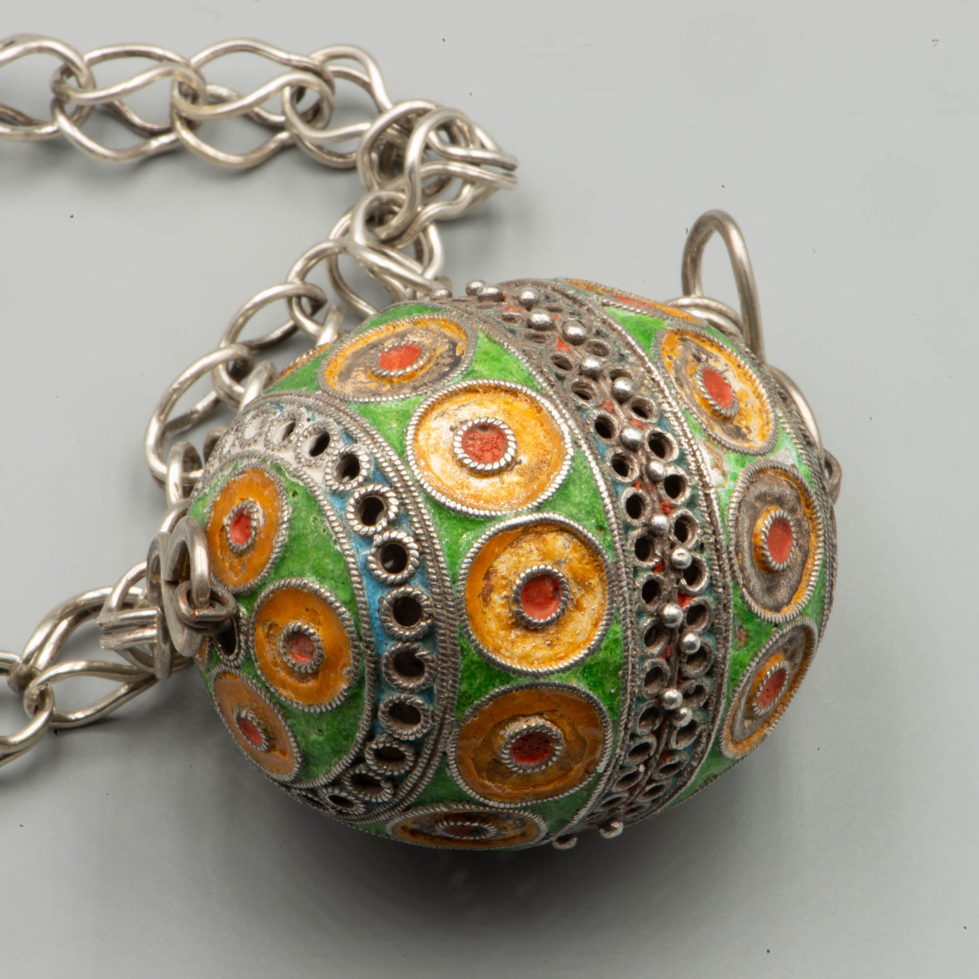 Exceptional antique Berber silver necklace with a large Tagmout enameled bead from Tiznit Region South Morocco