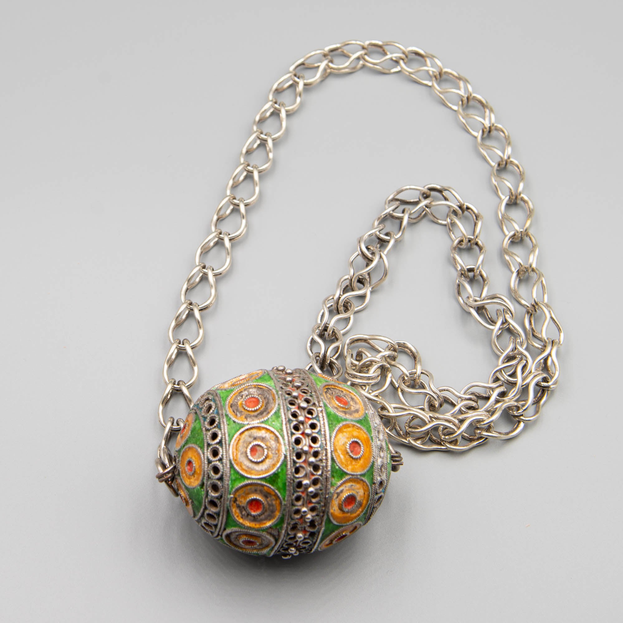 Exceptional antique Berber silver necklace with a large Tagmout enameled bead from Tiznit Region South Morocco