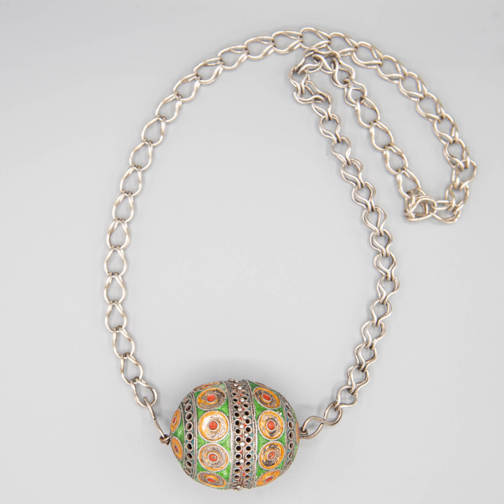 Exceptional antique Berber silver necklace with a large Tagmout enameled bead from Tiznit Region South Morocco