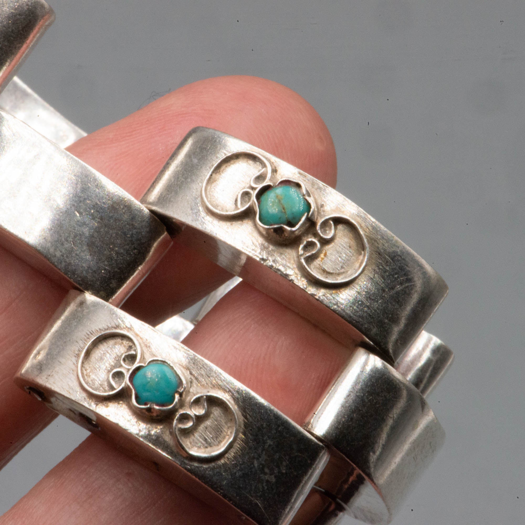 1940's early Mexican Mexico tank tread wide link sterling silver bracelet