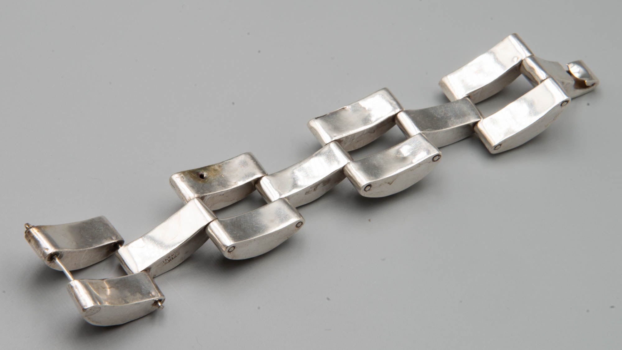 1940's early Mexican Mexico tank tread wide link sterling silver bracelet