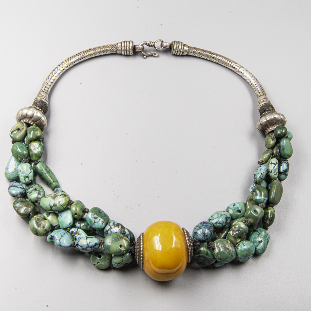 Vintage Turquoise & Amber Necklace – Rajasthan Silver – Himalayan Jewelry