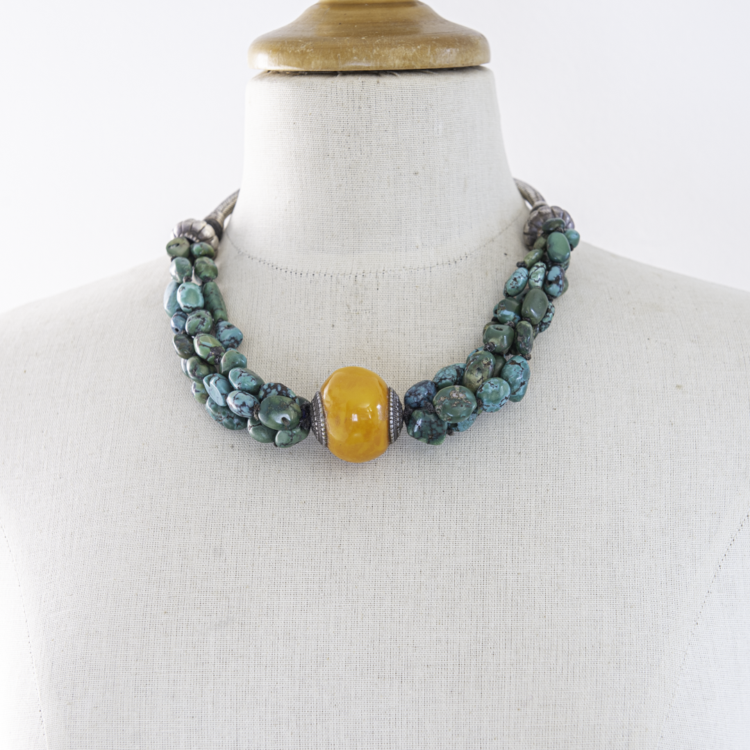 Vintage Turquoise & Amber Necklace – Rajasthan Silver – Himalayan Jewelry