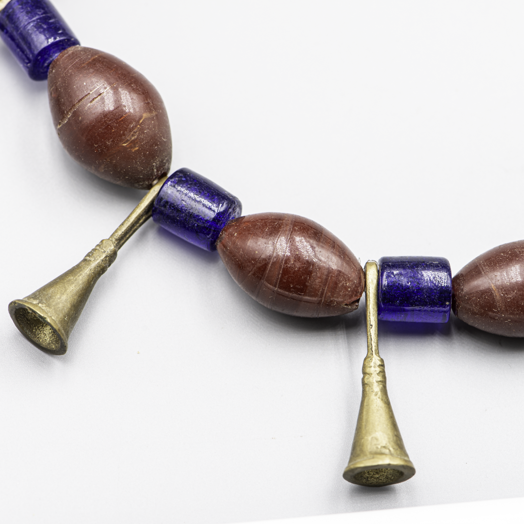 Authentic Ao Naga Necklace – Red & Blue Glass Beads with Bronze Trumpets – Nagaland, India