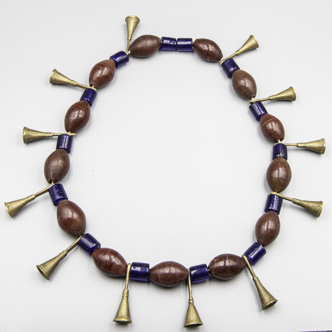 Authentic Ao Naga Necklace – Red & Blue Glass Beads with Bronze Trumpets – Nagaland, India