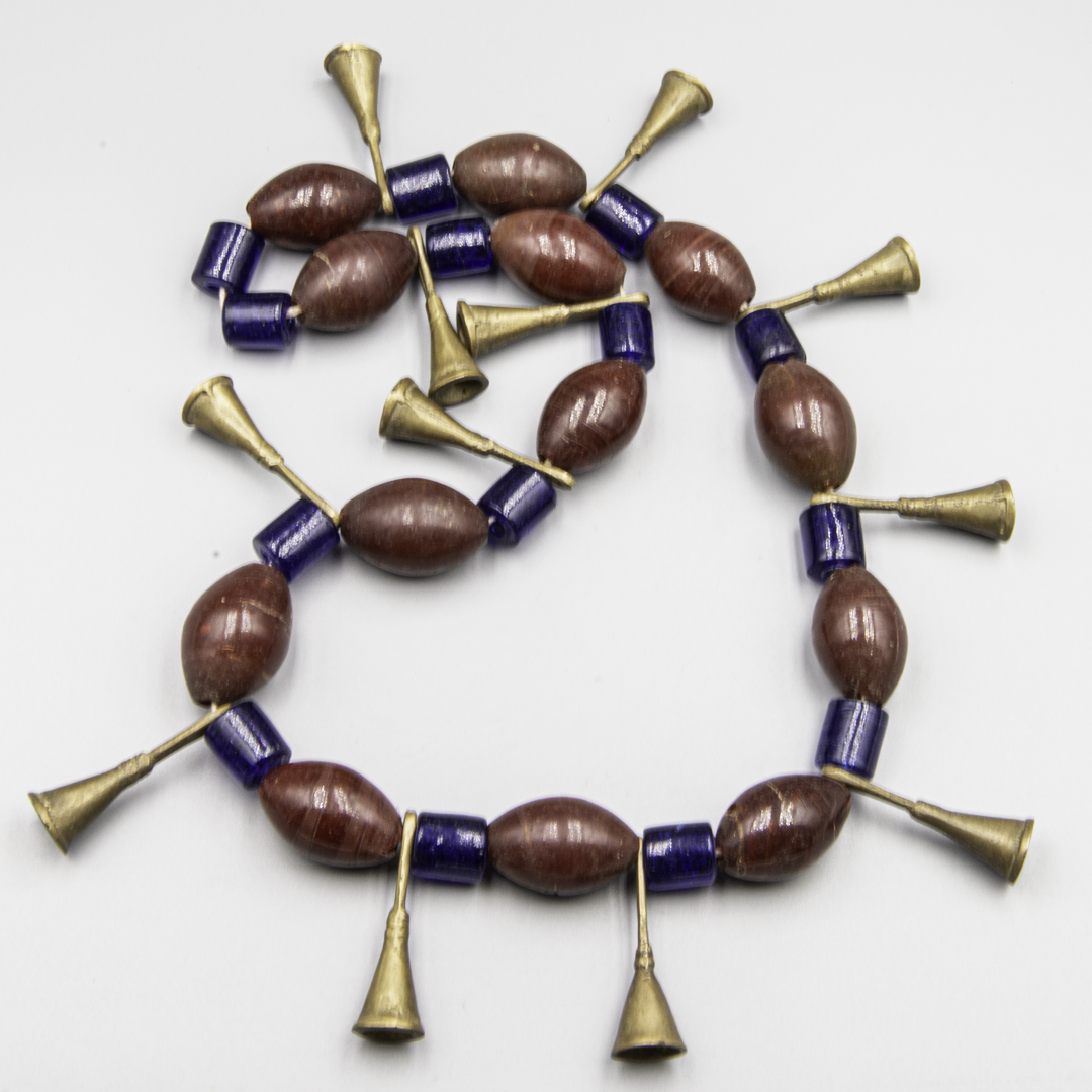 Authentic Ao Naga Necklace – Red & Blue Glass Beads with Bronze Trumpets – Nagaland, India