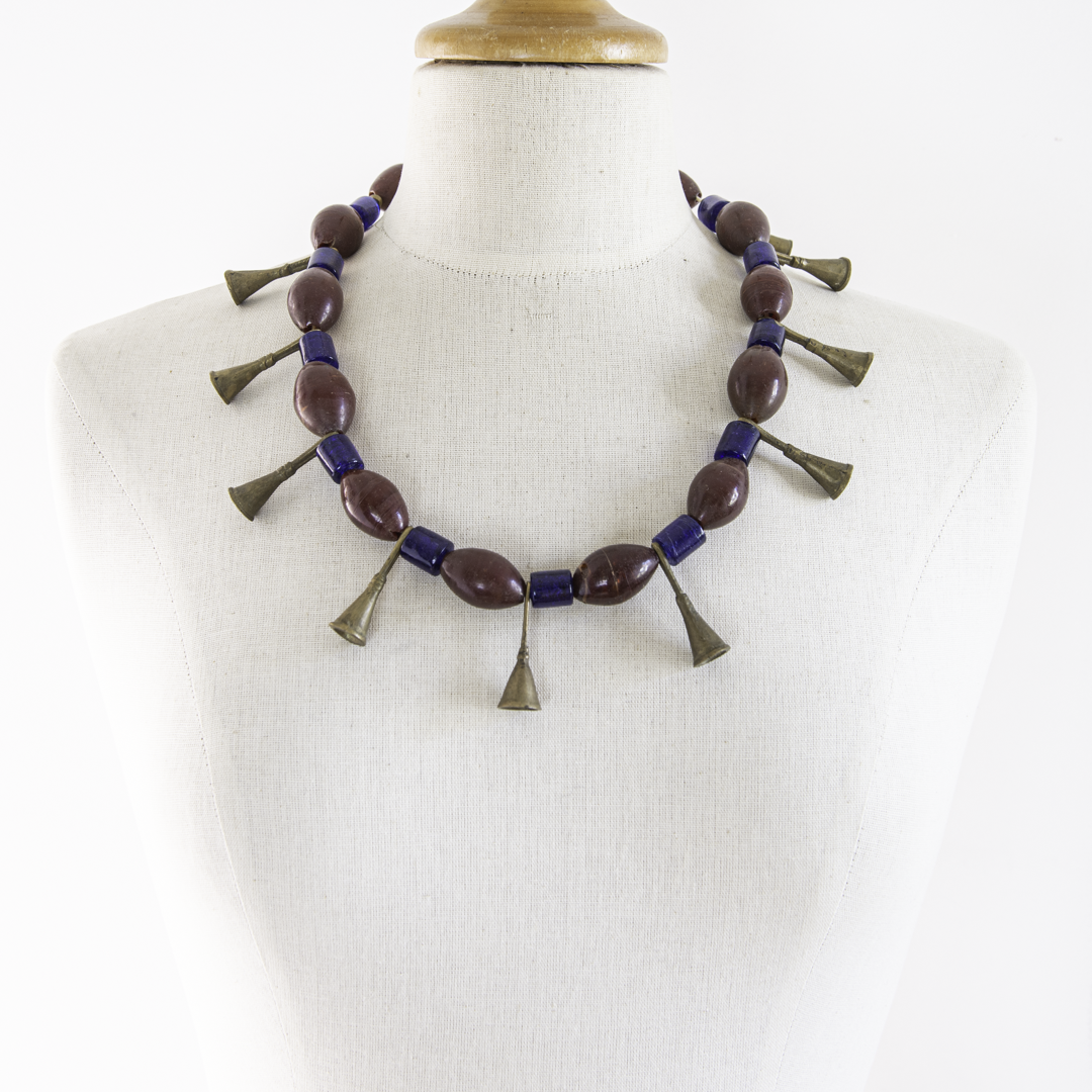 Authentic Ao Naga Necklace – Red & Blue Glass Beads with Bronze Trumpets – Nagaland, India