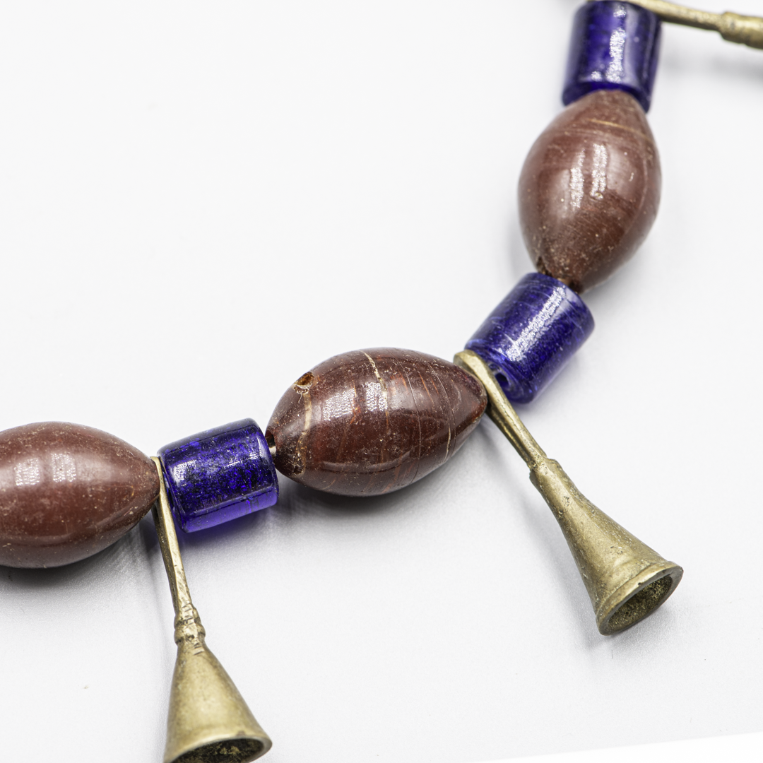 Authentic Ao Naga Necklace – Red & Blue Glass Beads with Bronze Trumpets – Nagaland, India