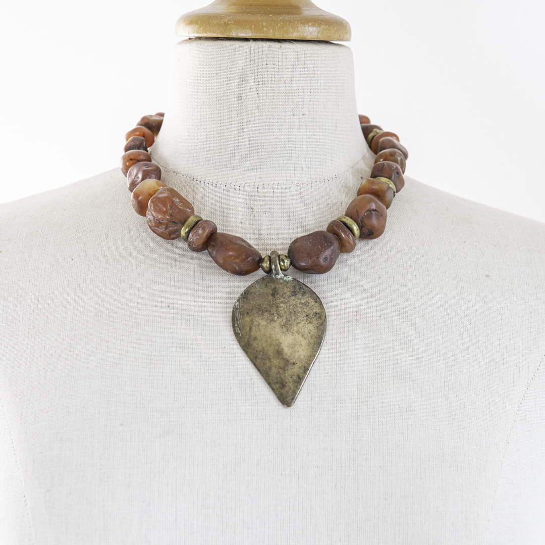 Himalayan Sacred Necklace – Antique Pema Raka Carnelian Beads & Bronze Pendant