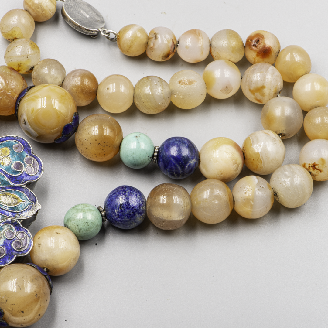 Chinese Art Deco Butterfly Amulet Necklace – Silver, Enamel & Stone Beads