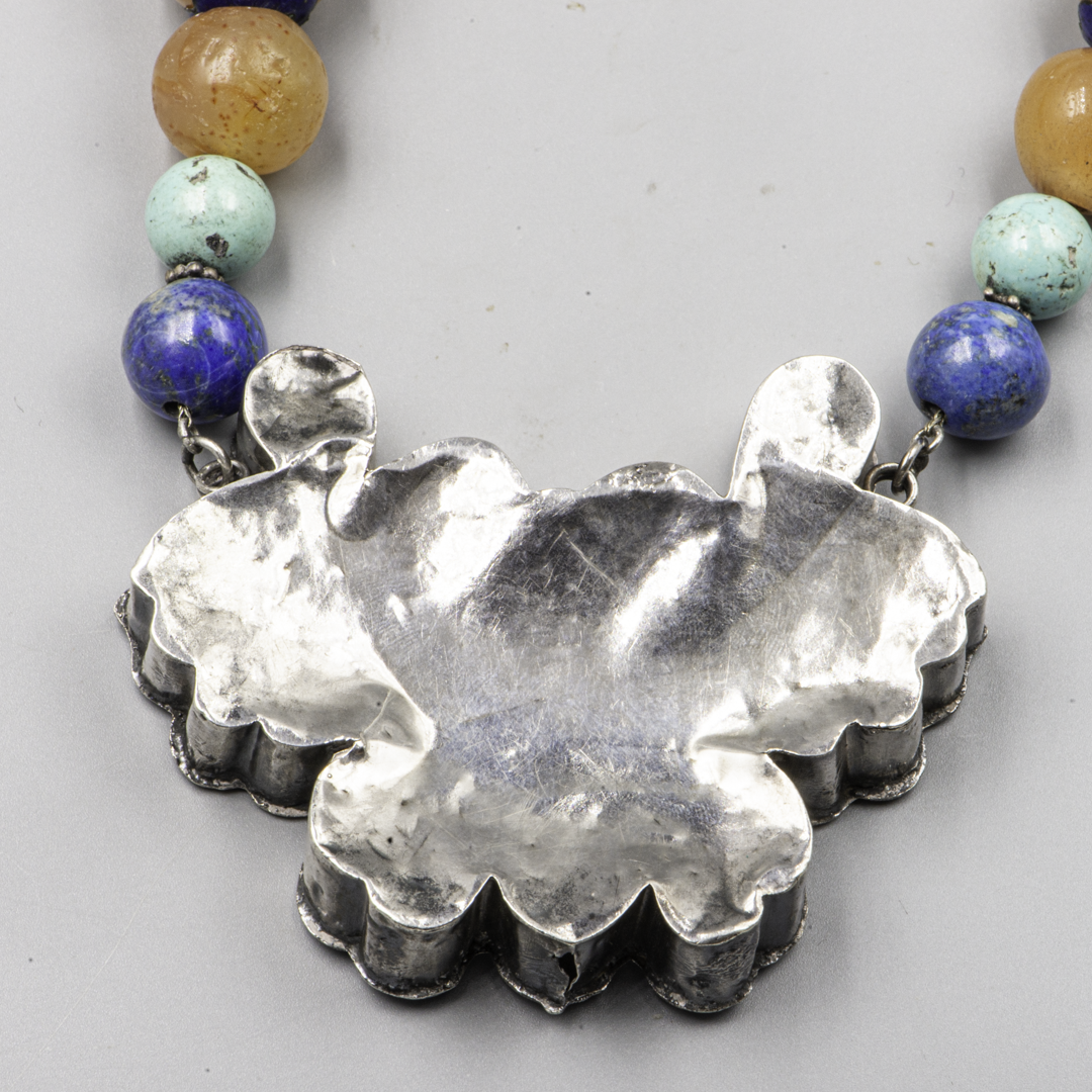 Chinese Art Deco Butterfly Amulet Necklace – Silver, Enamel & Stone Beads