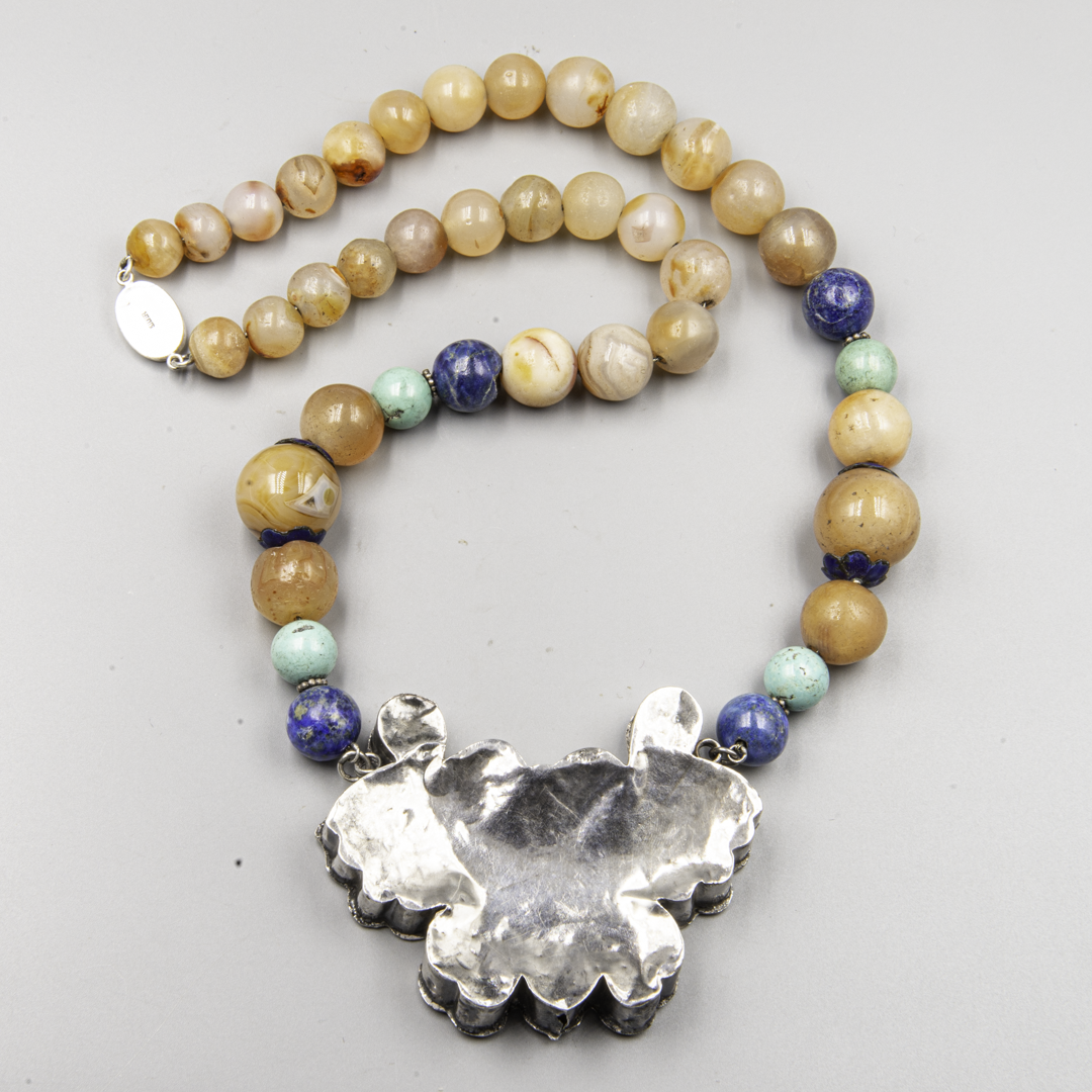 Chinese Art Deco Butterfly Amulet Necklace – Silver, Enamel & Stone Beads