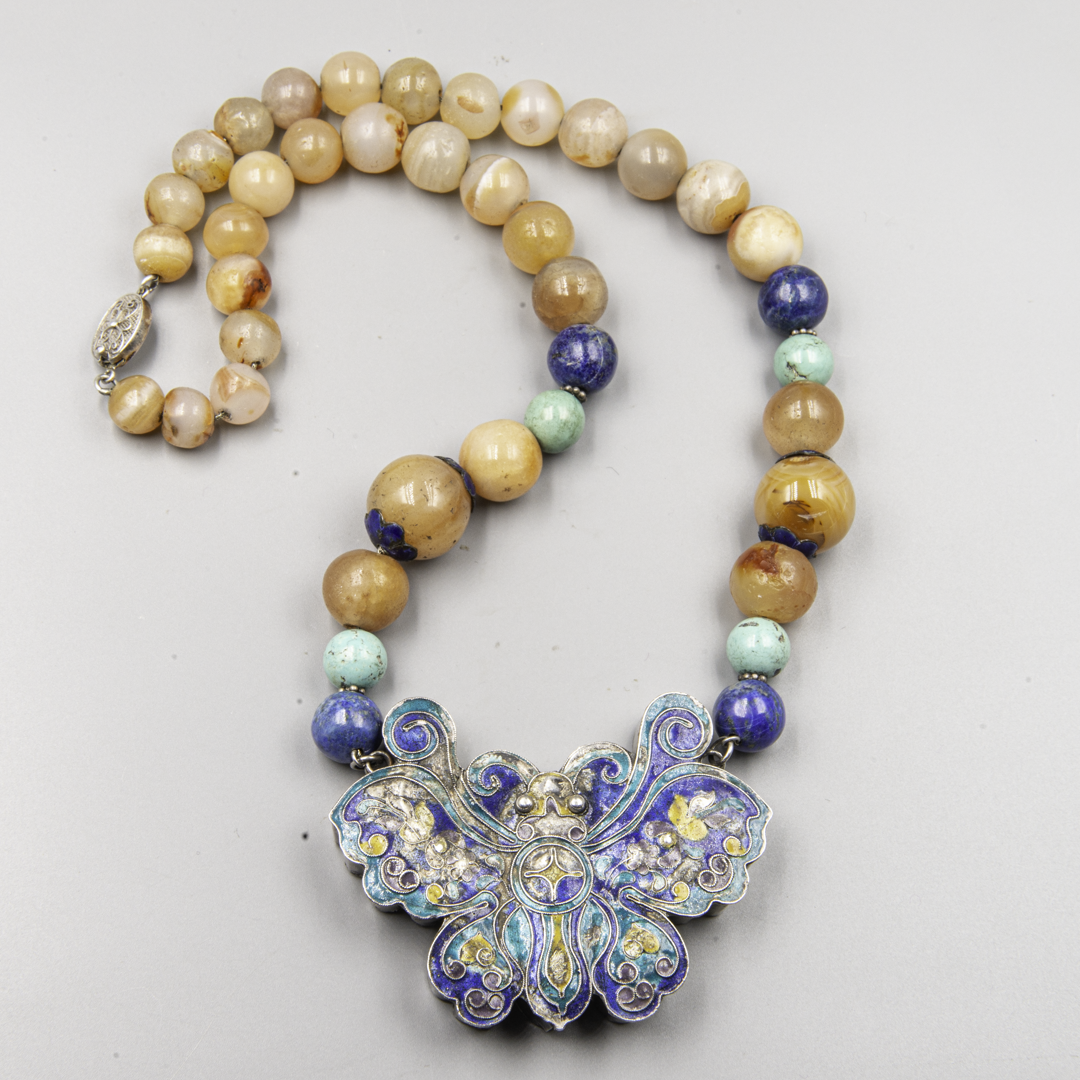 Chinese Art Deco Butterfly Amulet Necklace – Silver, Enamel & Stone Beads