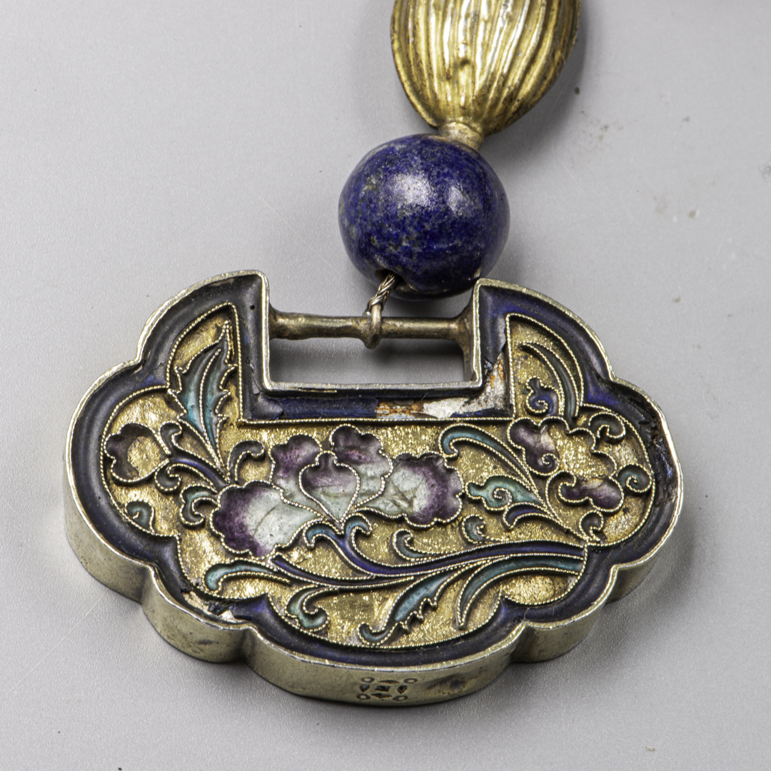 Chinese Longevity Lock Necklace – Silver, Enamel, Agate & Lapis Lazuli