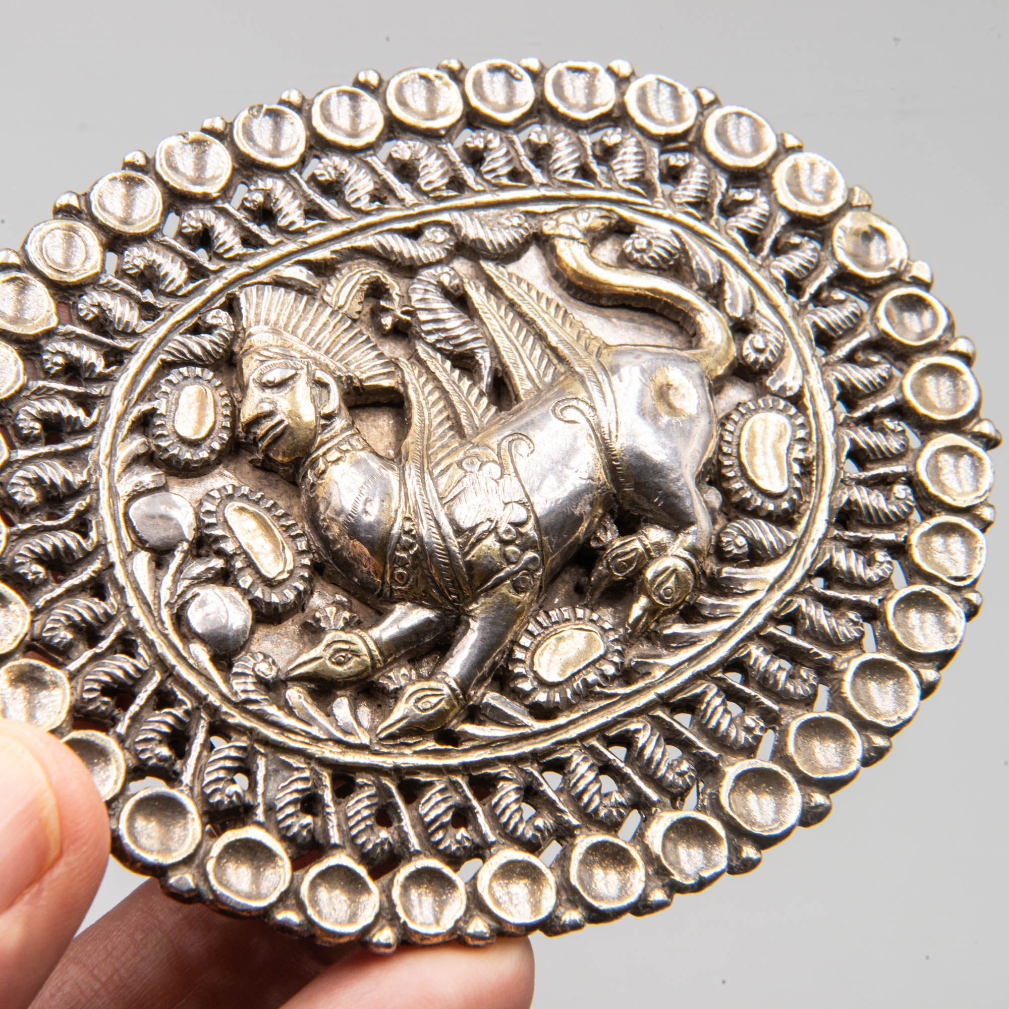 Extremely Rare Silver Belt Buckle depicting "Kamdhenu" bovine goddess in Hinduism