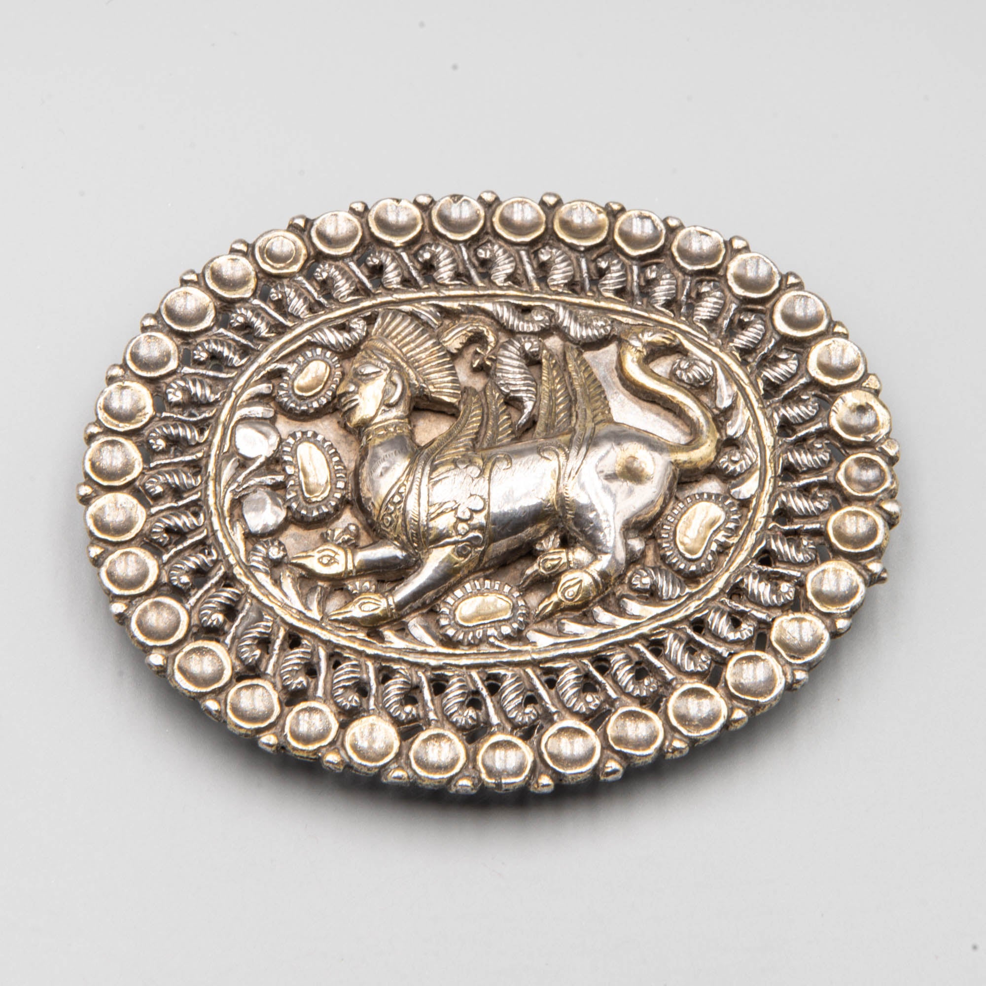 Extremely Rare Silver Belt Buckle depicting "Kamdhenu" bovine goddess in Hinduism