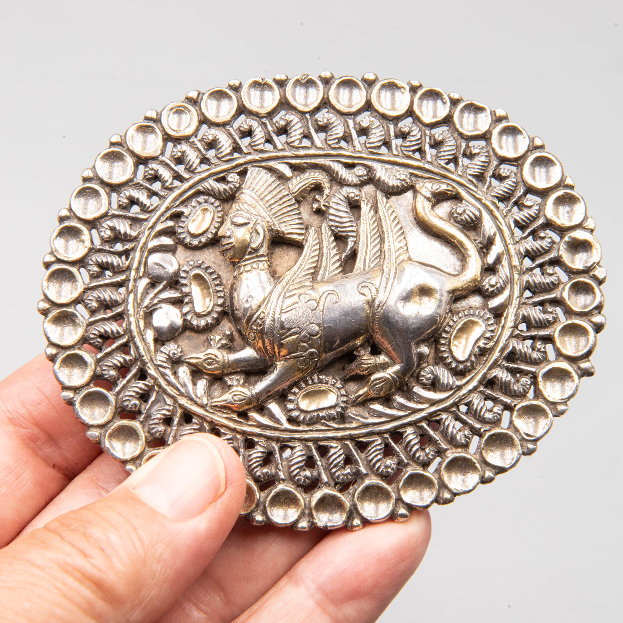 Extremely Rare Silver Belt Buckle depicting "Kamdhenu" bovine goddess in Hinduism