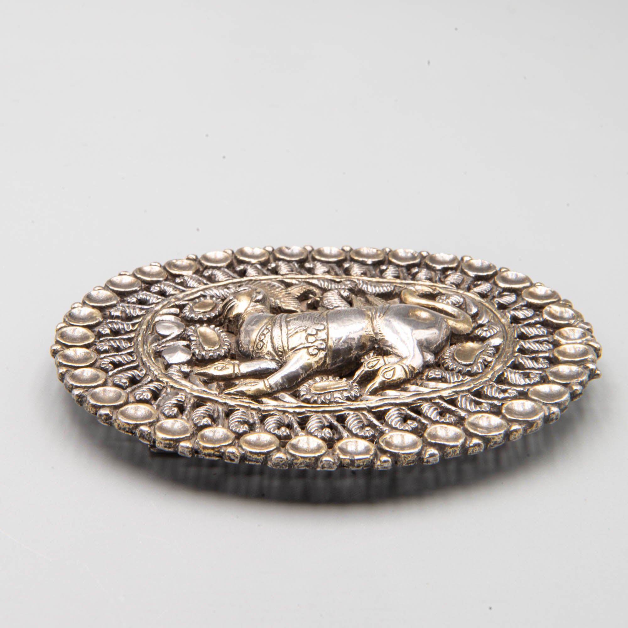 Extremely Rare Silver Belt Buckle depicting "Kamdhenu" bovine goddess in Hinduism