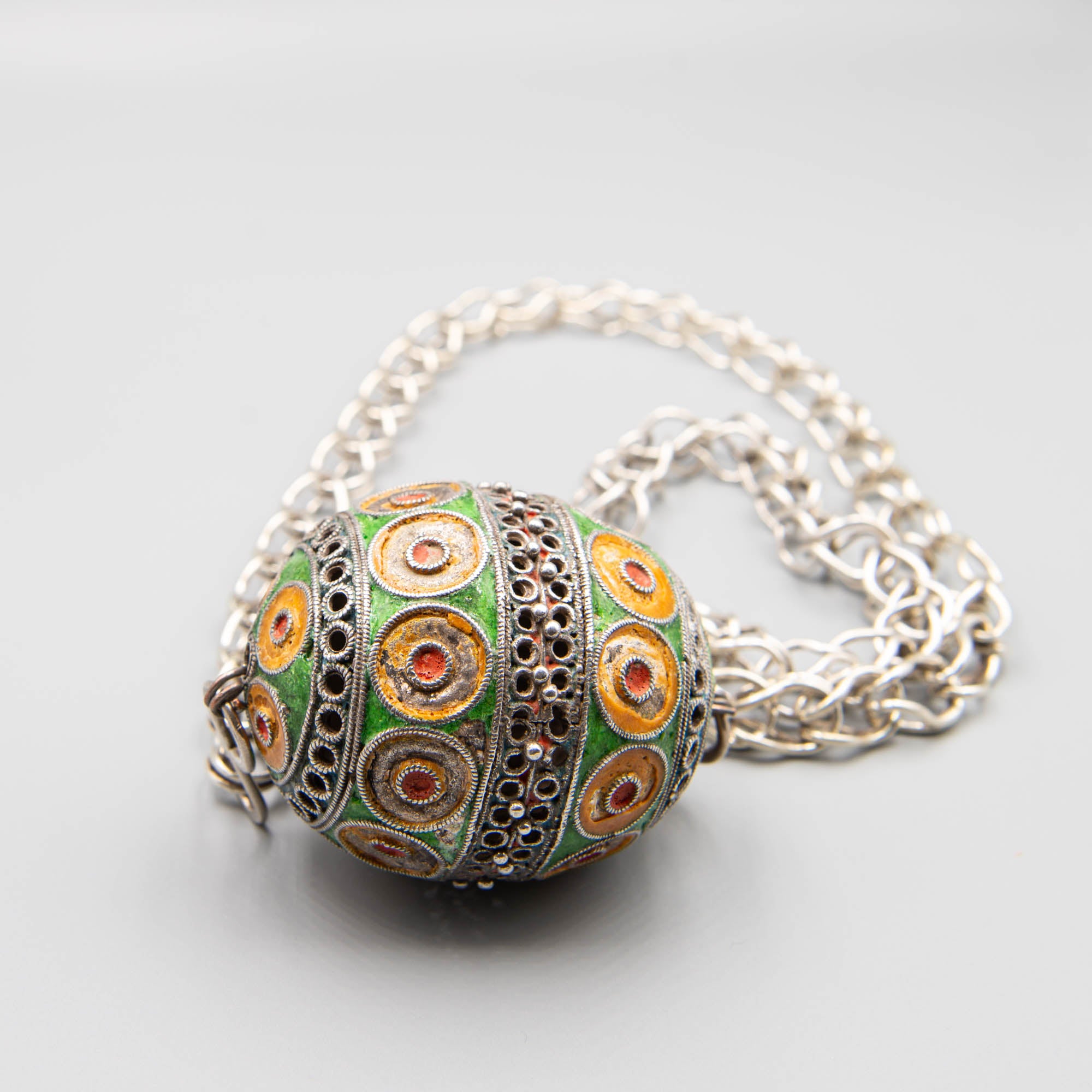 Exceptional antique Berber silver necklace  with a large Tagmout enameled bead from Tiznit Region South Morocco