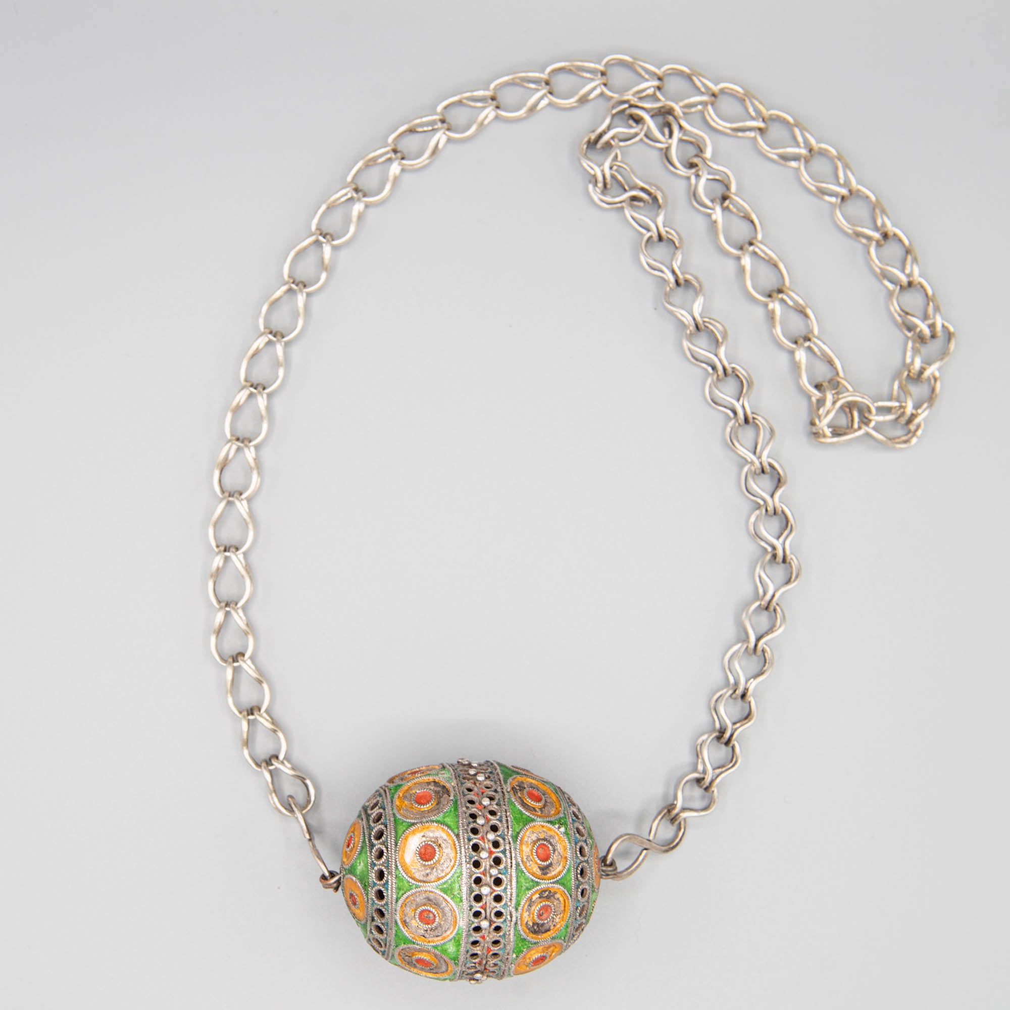 Exceptional antique Berber silver necklace  with a large Tagmout enameled bead from Tiznit Region South Morocco