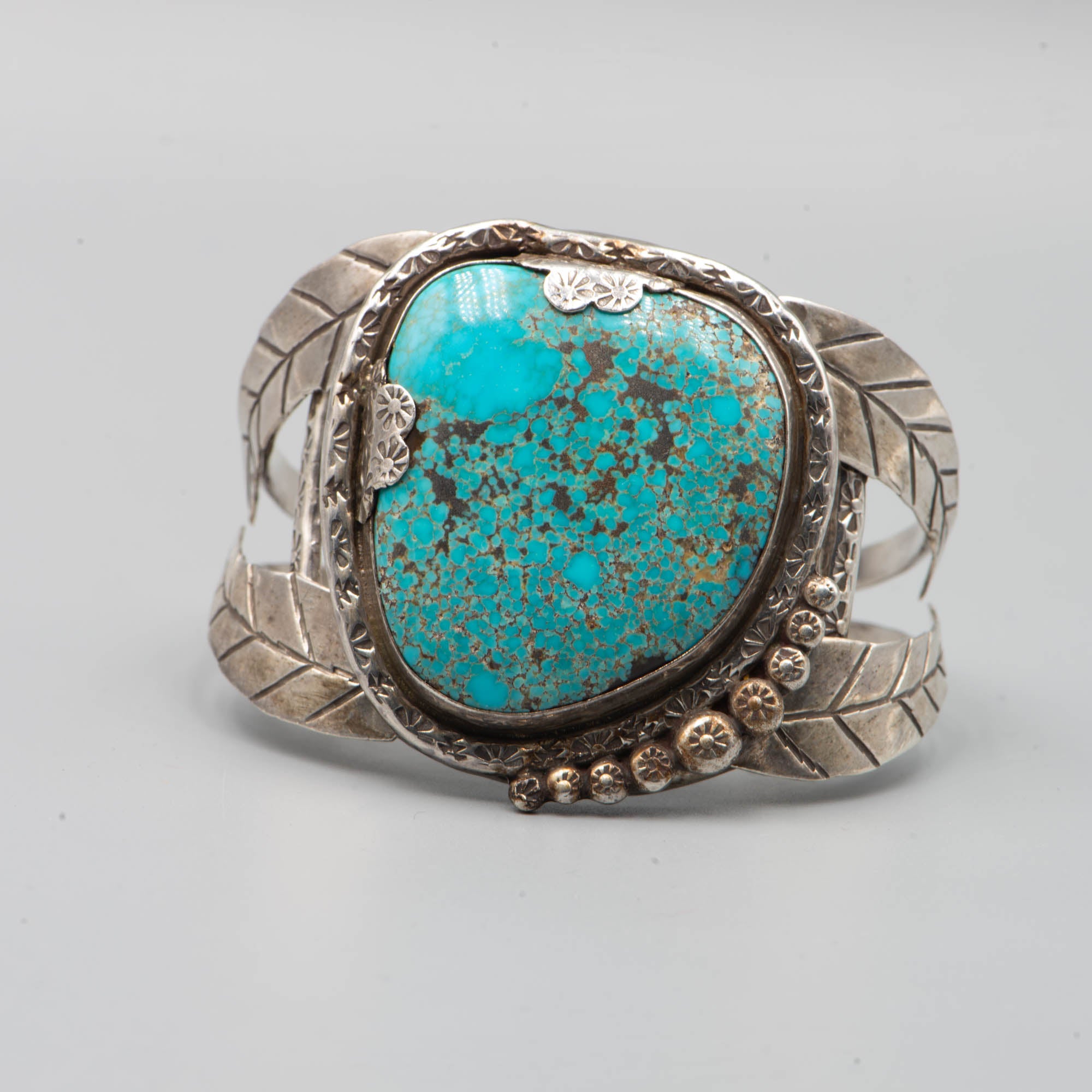 Ancien Amérindien - Navajo - Grande Turquoise - Bracelet manchette en argent sterling